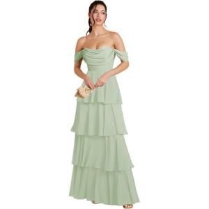 imageOff Shoulder Chiffon Bridesmaid Dresses Long for Women Tiered Ruffles A Line Formal Evening DressSage