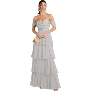 imageOff Shoulder Chiffon Bridesmaid Dresses Long for Women Tiered Ruffles A Line Formal Evening DressSilver