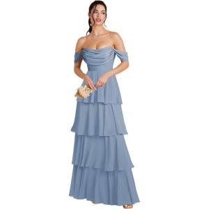 imageOff Shoulder Chiffon Bridesmaid Dresses Long for Women Tiered Ruffles A Line Formal Evening DressSteel Blue