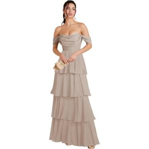 imageOff Shoulder Chiffon Bridesmaid Dresses Long for Women Tiered Ruffles A Line Formal Evening DressTaupe