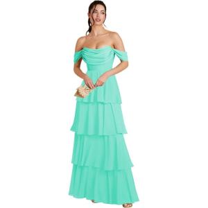 imageOff Shoulder Chiffon Bridesmaid Dresses Long for Women Tiered Ruffles A Line Formal Evening DressTurquoise