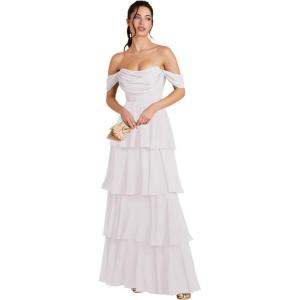 imageOff Shoulder Chiffon Bridesmaid Dresses Long for Women Tiered Ruffles A Line Formal Evening DressWhite