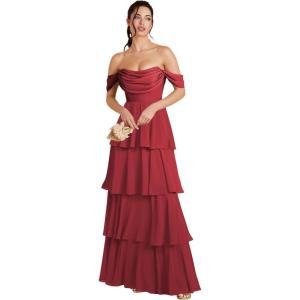 imageOff Shoulder Chiffon Bridesmaid Dresses Long for Women Tiered Ruffles A Line Formal Evening DressWine Red