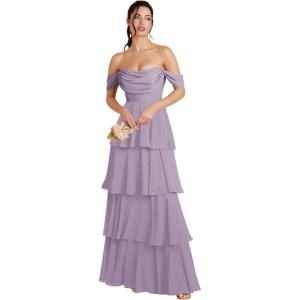 imageOff Shoulder Chiffon Bridesmaid Dresses Long for Women Tiered Ruffles A Line Formal Evening DressWisteria