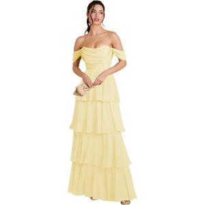 imageOff Shoulder Chiffon Bridesmaid Dresses Long for Women Tiered Ruffles A Line Formal Evening DressYellow