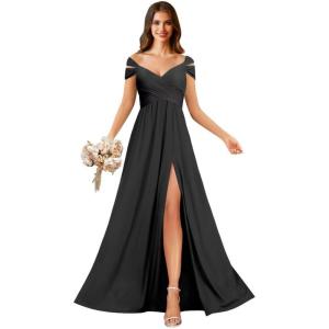 imageOff Shoulder Chiffon Bridesmaid Dresses for Women Pleated A Line Formal Evening Gown with SlitBlack