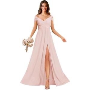 imageOff Shoulder Chiffon Bridesmaid Dresses for Women Pleated A Line Formal Evening Gown with SlitBlush Pink