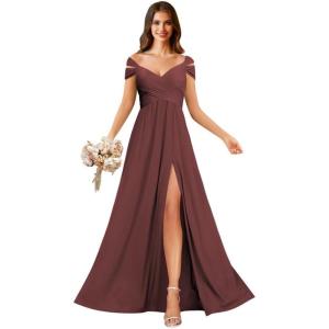 imageOff Shoulder Chiffon Bridesmaid Dresses for Women Pleated A Line Formal Evening Gown with SlitBurgundy