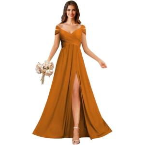 imageOff Shoulder Chiffon Bridesmaid Dresses for Women Pleated A Line Formal Evening Gown with SlitBurnt Orange