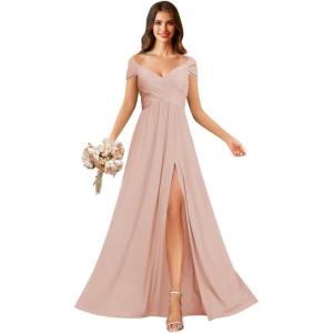 imageOff Shoulder Chiffon Bridesmaid Dresses for Women Pleated A Line Formal Evening Gown with SlitDusty Pink