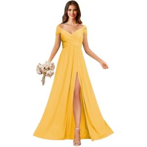 imageOff Shoulder Chiffon Bridesmaid Dresses for Women Pleated A Line Formal Evening Gown with SlitGold