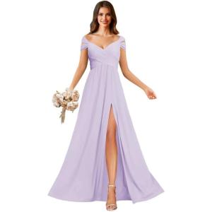 imageOff Shoulder Chiffon Bridesmaid Dresses for Women Pleated A Line Formal Evening Gown with SlitLilac