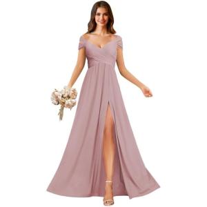 imageOff Shoulder Chiffon Bridesmaid Dresses for Women Pleated A Line Formal Evening Gown with SlitMauve
