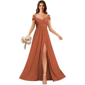 imageOff Shoulder Chiffon Bridesmaid Dresses for Women Pleated A Line Formal Evening Gown with SlitRust