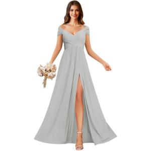 imageOff Shoulder Chiffon Bridesmaid Dresses for Women Pleated A Line Formal Evening Gown with SlitSilver
