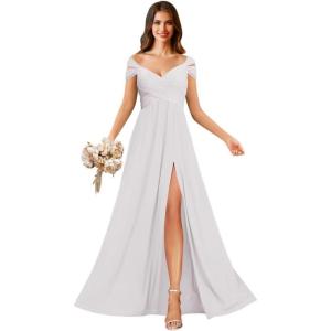 imageOff Shoulder Chiffon Bridesmaid Dresses for Women Pleated A Line Formal Evening Gown with SlitWhite
