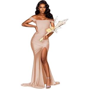imageOff Shoulder Mermaid Bridesmaid Dresses for Wedding Long Prom Dress 2024 Tight Pleat Formal Gowns with SlitBlush