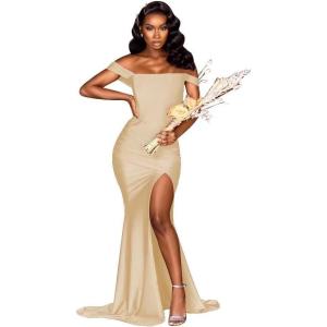 imageOff Shoulder Mermaid Bridesmaid Dresses for Wedding Long Prom Dress 2024 Tight Pleat Formal Gowns with SlitChampagne Gold