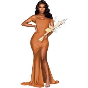 imageOff Shoulder Mermaid Bridesmaid Dresses for Wedding Long Prom Dress 2024 Tight Pleat Formal Gowns with SlitDusty Orange