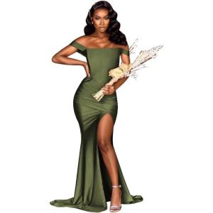 imageOff Shoulder Mermaid Bridesmaid Dresses for Wedding Long Prom Dress 2024 Tight Pleat Formal Gowns with SlitOlive