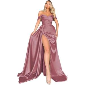 imageOff Shoulder Satin Bridesmaid Dresses Mermaid Wedding Dress Ruched Satin Prom Dresses Long for Women with CapeDerset Rose