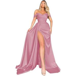 imageOff Shoulder Satin Bridesmaid Dresses Mermaid Wedding Dress Ruched Satin Prom Dresses Long for Women with CapeDusty Pink