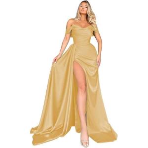 imageOff Shoulder Satin Bridesmaid Dresses Mermaid Wedding Dress Ruched Satin Prom Dresses Long for Women with CapeGold