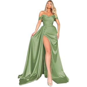 imageOff Shoulder Satin Bridesmaid Dresses Mermaid Wedding Dress Ruched Satin Prom Dresses Long for Women with CapeOlive