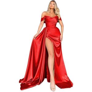 imageOff Shoulder Satin Bridesmaid Dresses Mermaid Wedding Dress Ruched Satin Prom Dresses Long for Women with CapeRed