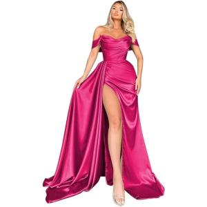 imageOff Shoulder Satin Bridesmaid Dresses Mermaid Wedding Dress Ruched Satin Prom Dresses Long for Women with CapeRose Red