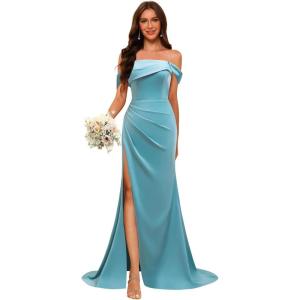 imageOff Shoulder Satin Bridesmaid Dresses for Wedding Long 2025 Mermaid Prom Dresses Pleated Formal Evening Gown with SlitAqua