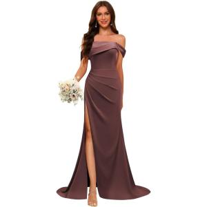 imageOff Shoulder Satin Bridesmaid Dresses for Wedding Long 2025 Mermaid Prom Dresses Pleated Formal Evening Gown with SlitBrown