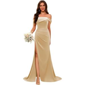 imageOff Shoulder Satin Bridesmaid Dresses for Wedding Long 2025 Mermaid Prom Dresses Pleated Formal Evening Gown with SlitChampagne