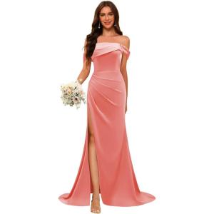 imageOff Shoulder Satin Bridesmaid Dresses for Wedding Long 2025 Mermaid Prom Dresses Pleated Formal Evening Gown with SlitCoral
