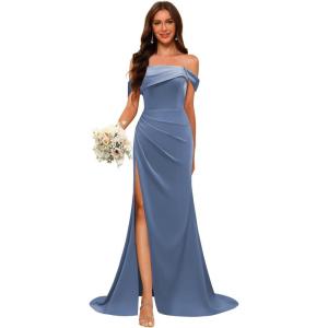 imageOff Shoulder Satin Bridesmaid Dresses for Wedding Long 2025 Mermaid Prom Dresses Pleated Formal Evening Gown with SlitDusty Blue
