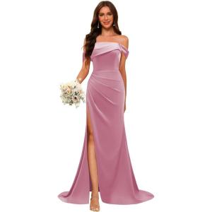 imageOff Shoulder Satin Bridesmaid Dresses for Wedding Long 2025 Mermaid Prom Dresses Pleated Formal Evening Gown with SlitDusty Pink