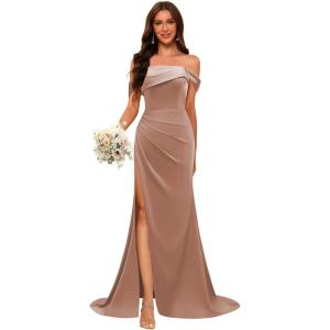 imageOff Shoulder Satin Bridesmaid Dresses for Wedding Long 2025 Mermaid Prom Dresses Pleated Formal Evening Gown with SlitDusty Rose
