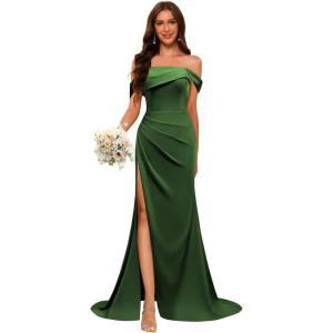 imageOff Shoulder Satin Bridesmaid Dresses for Wedding Long 2025 Mermaid Prom Dresses Pleated Formal Evening Gown with SlitEmerald Green