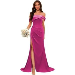 imageOff Shoulder Satin Bridesmaid Dresses for Wedding Long 2025 Mermaid Prom Dresses Pleated Formal Evening Gown with SlitFuchsia