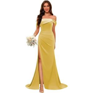 imageOff Shoulder Satin Bridesmaid Dresses for Wedding Long 2025 Mermaid Prom Dresses Pleated Formal Evening Gown with SlitGold