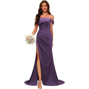 imageOff Shoulder Satin Bridesmaid Dresses for Wedding Long 2025 Mermaid Prom Dresses Pleated Formal Evening Gown with SlitGrape