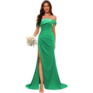 imageOff Shoulder Satin Bridesmaid Dresses for Wedding Long 2025 Mermaid Prom Dresses Pleated Formal Evening Gown with SlitGreen