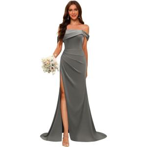 imageOff Shoulder Satin Bridesmaid Dresses for Wedding Long 2025 Mermaid Prom Dresses Pleated Formal Evening Gown with SlitGrey