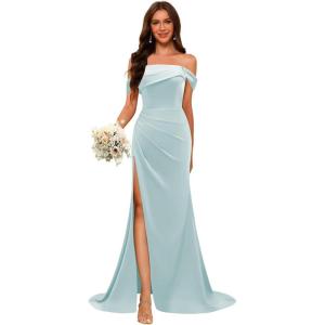imageOff Shoulder Satin Bridesmaid Dresses for Wedding Long 2025 Mermaid Prom Dresses Pleated Formal Evening Gown with SlitIce Blue