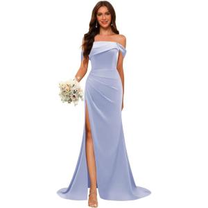 imageOff Shoulder Satin Bridesmaid Dresses for Wedding Long 2025 Mermaid Prom Dresses Pleated Formal Evening Gown with SlitLavender