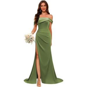 imageOff Shoulder Satin Bridesmaid Dresses for Wedding Long 2025 Mermaid Prom Dresses Pleated Formal Evening Gown with SlitOlive