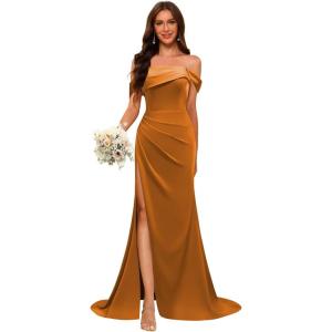 imageOff Shoulder Satin Bridesmaid Dresses for Wedding Long 2025 Mermaid Prom Dresses Pleated Formal Evening Gown with SlitOrange