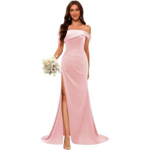 imageOff Shoulder Satin Bridesmaid Dresses for Wedding Long 2025 Mermaid Prom Dresses Pleated Formal Evening Gown with SlitPink