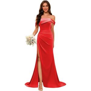 imageOff Shoulder Satin Bridesmaid Dresses for Wedding Long 2025 Mermaid Prom Dresses Pleated Formal Evening Gown with SlitRed