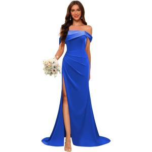 imageOff Shoulder Satin Bridesmaid Dresses for Wedding Long 2025 Mermaid Prom Dresses Pleated Formal Evening Gown with SlitRoyal Blue